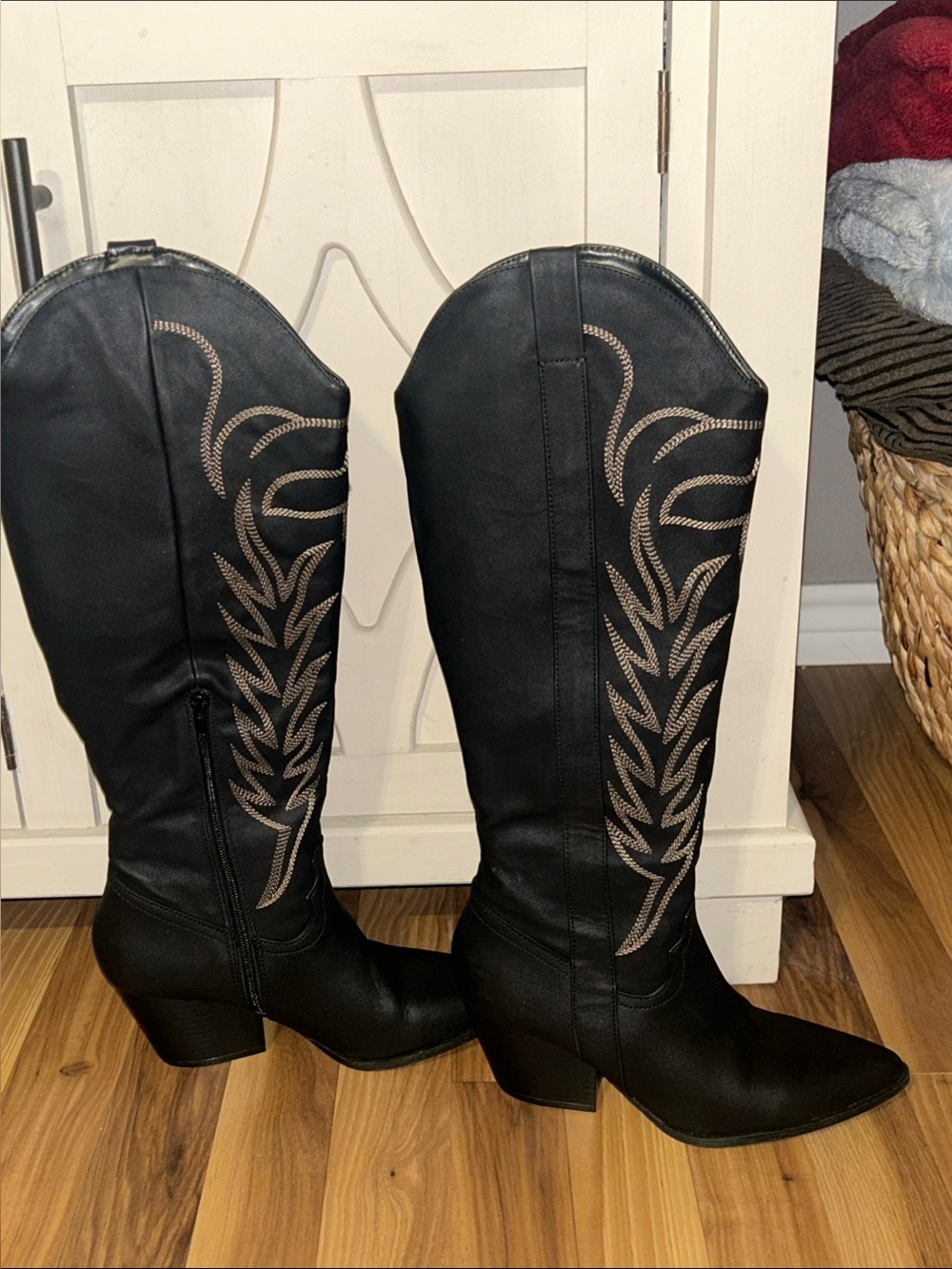 Qupid Black Over-the-Knee Western Boots with Taupe Embroidery